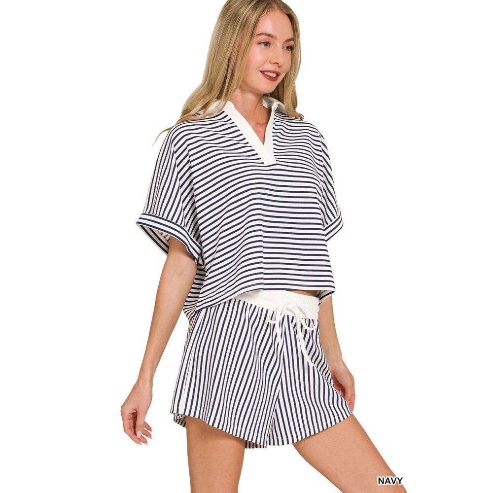388-L Zenana Top & Shorts Set Large Navy Blue NWT Striped Collared Loungewear - Picture 2 of 3